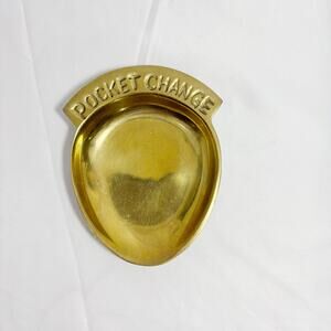 Vintage Brass ‘Pocket Change’ Oval Valet Tray 4” Embossed Coin Trinket Holder